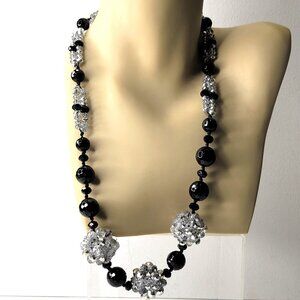 Clear Glass Crystal and Black Bead Necklace Set with Earrings